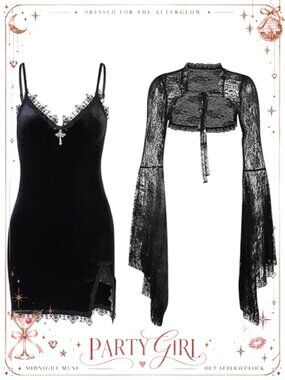 Gothic Velvet Two-Piece Mini Dress Lace Bodycon Side Split